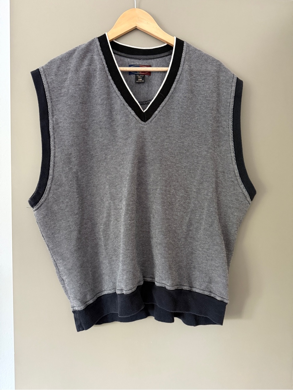 Men's Grey Knit V-Neck Sweater Vest with Black Trim
